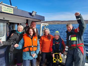 The herring egg survey team shortly after finding spawn to west of Aultgrishan, 12th March 2024 The herring egg survey team shortly after finding spawn to west of Aultgrishan, 12th March 2024